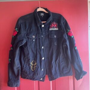 Rebels Black Jean Jacket with Red Rose Embroidery